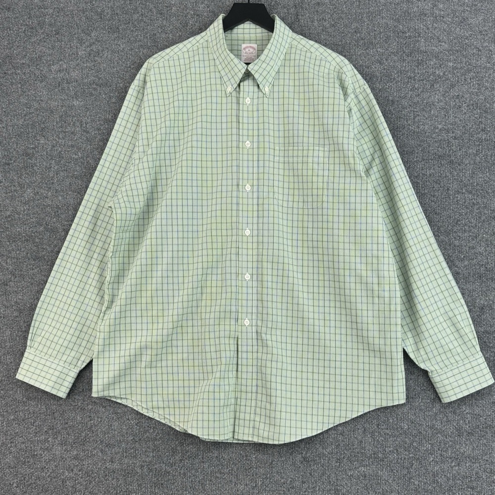 Brooks Brothers Button Down Shirt Mens XL Green Plaid Non-Iron Polo Long Sleeve